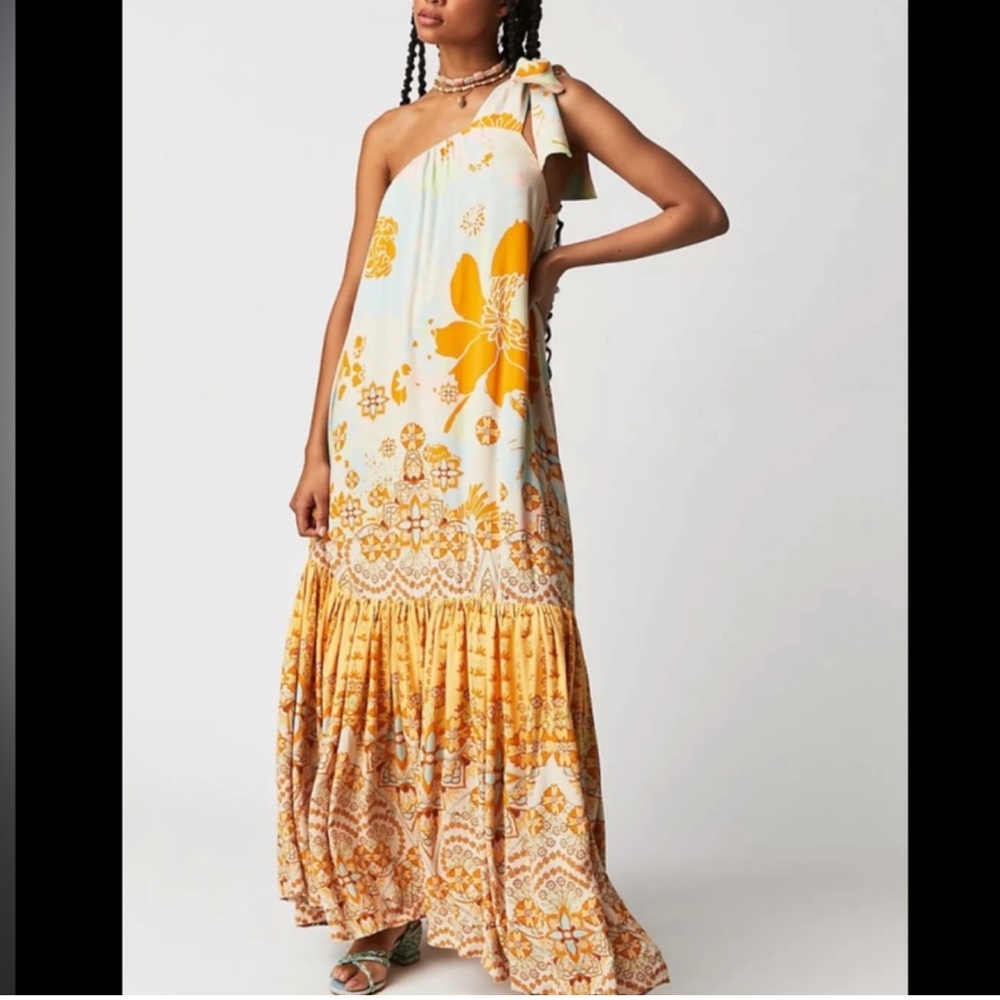 Free People Cote D Azur Boho Floral One Shoulder Maxi Dress in Tea Combo